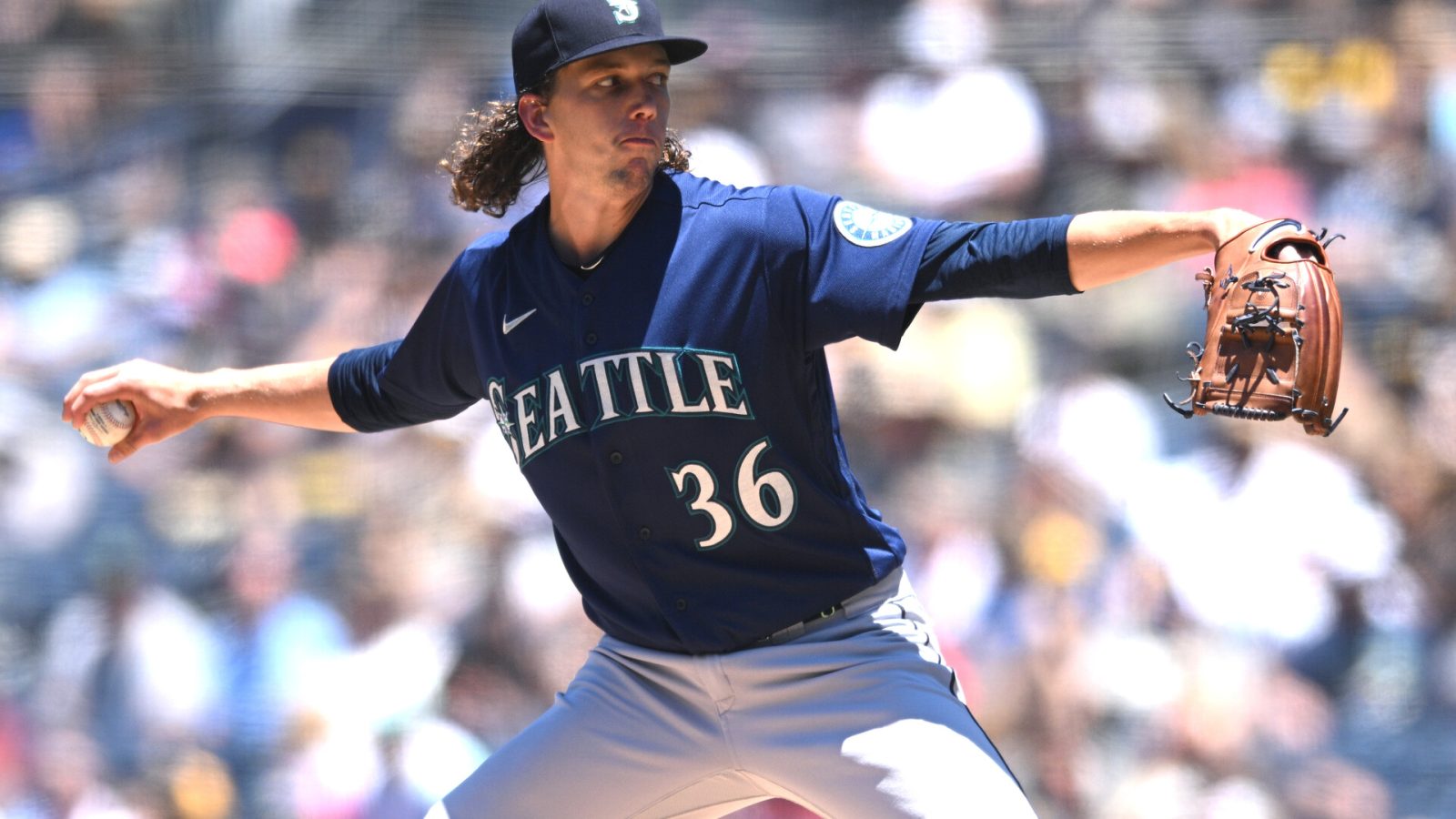 Seattle Mariners starting pitcher Logan Gilbert (36) throws a pitch against the San Diego Padres during the first inning at Petco Park.