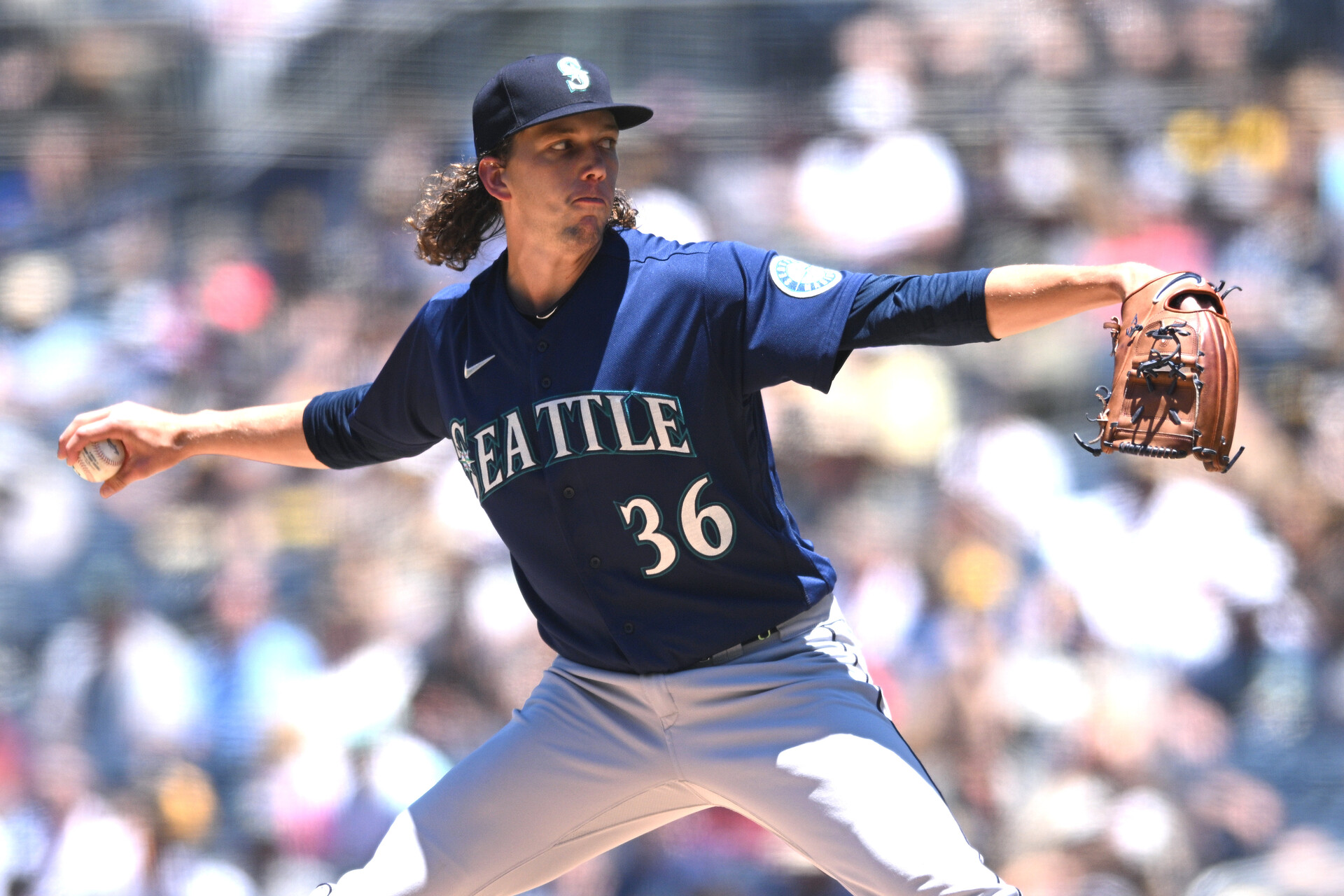 Seattle Mariners starting pitcher Logan Gilbert (36) throws a pitch against the San Diego Padres during the first inning at Petco Park.