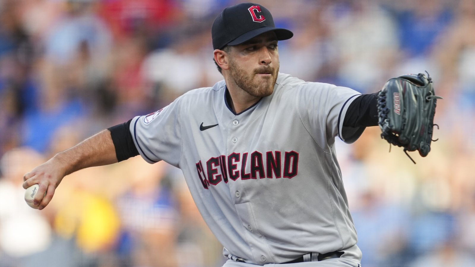 Jul 8, 2022; Kansas City, Missouri, USA; Cleveland Guardians starting pitcher Aaron Civale (43) throws against the Kansas City Royals during the first inning at Kauffman Stadium.