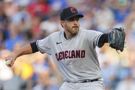 Jul 8, 2022; Kansas City, Missouri, USA; Cleveland Guardians starting pitcher Aaron Civale (43) throws against the Kansas City Royals during the first inning at Kauffman Stadium.