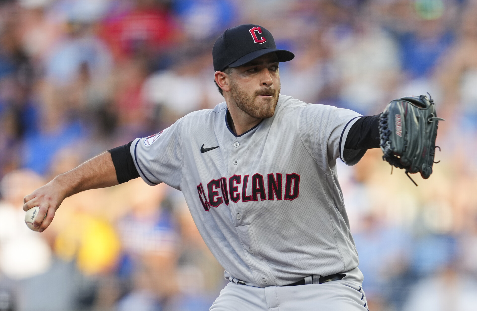 Jul 8, 2022; Kansas City, Missouri, USA; Cleveland Guardians starting pitcher Aaron Civale (43) throws against the Kansas City Royals during the first inning at Kauffman Stadium.