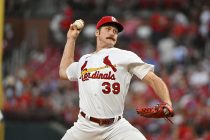 St. Louis Cardinals starting pitcher Miles Mikolas (39) pitches against the Philadelphia Phillies during the seventh inning at Busch Stadium.