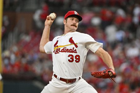St. Louis Cardinals starting pitcher Miles Mikolas (39) pitches against the Philadelphia Phillies during the seventh inning at Busch Stadium.
