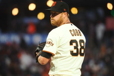 San Francisco Giants starting pitcher Alex Cobb (38) on the mound against the Arizona Diamondbacks during the sixth inning at Oracle Park.