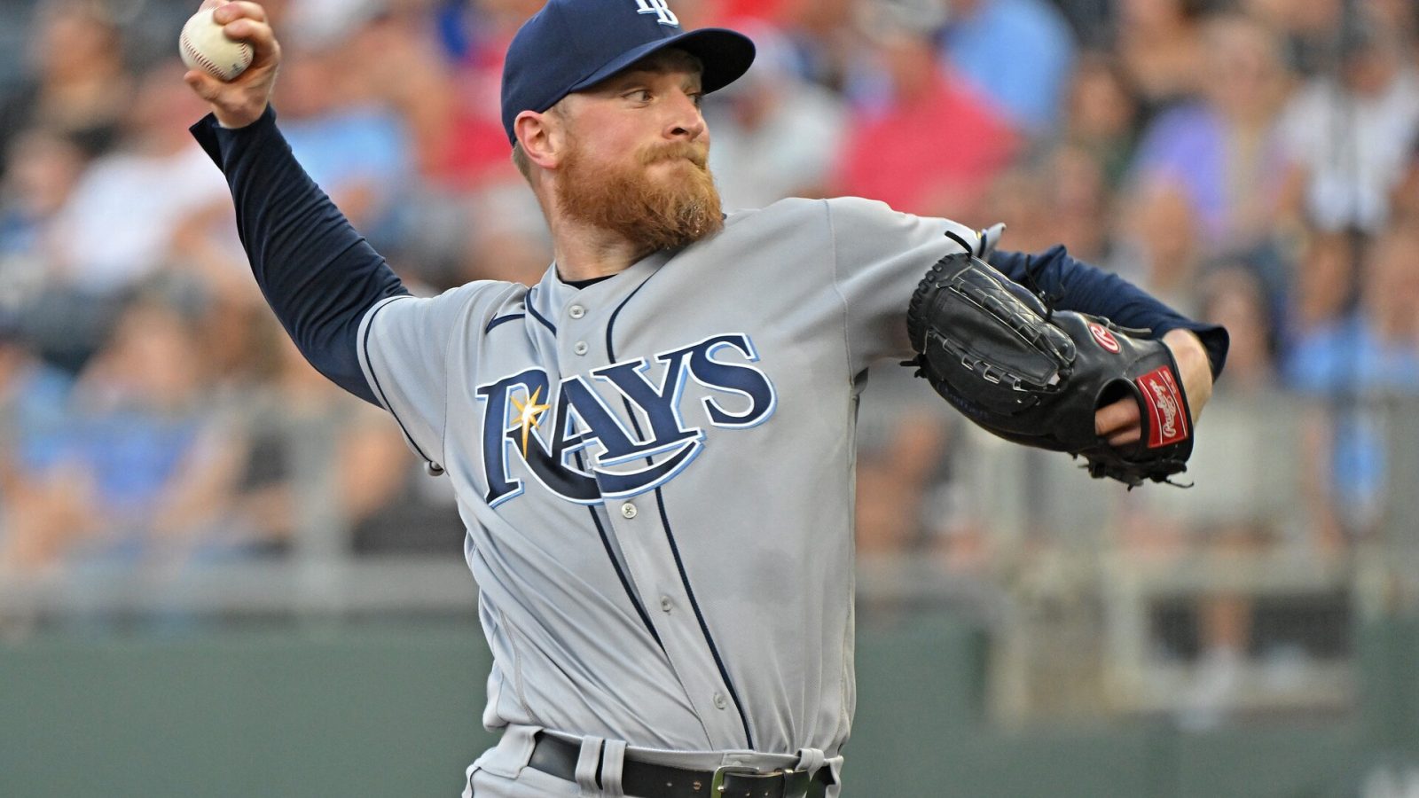 Tampa Bay Rays starting pitcher Drew Rasmussen (57) delivers a pitch during the first inning against the Kansas City Royals at Kauffman Stadium.