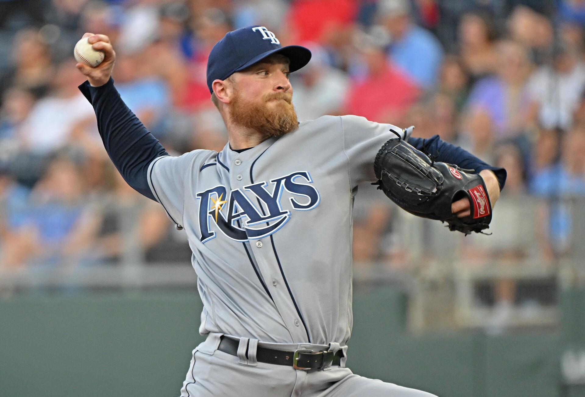 Tampa Bay Rays starting pitcher Drew Rasmussen (57) delivers a pitch during the first inning against the Kansas City Royals at Kauffman Stadium.