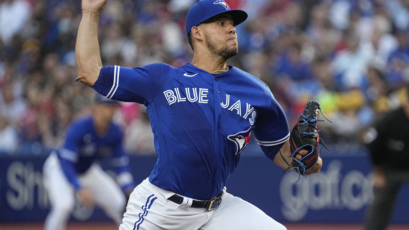 Jul 26, 2022; Toronto, Ontario, CAN; Toronto Blue Jays starting pitcher Jose Berrios (17) pitches to the St. Louis Cardinals during the first inning at Rogers Centre.