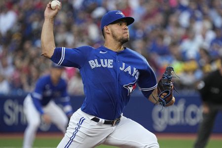 Jul 26, 2022; Toronto, Ontario, CAN; Toronto Blue Jays starting pitcher Jose Berrios (17) pitches to the St. Louis Cardinals during the first inning at Rogers Centre.
