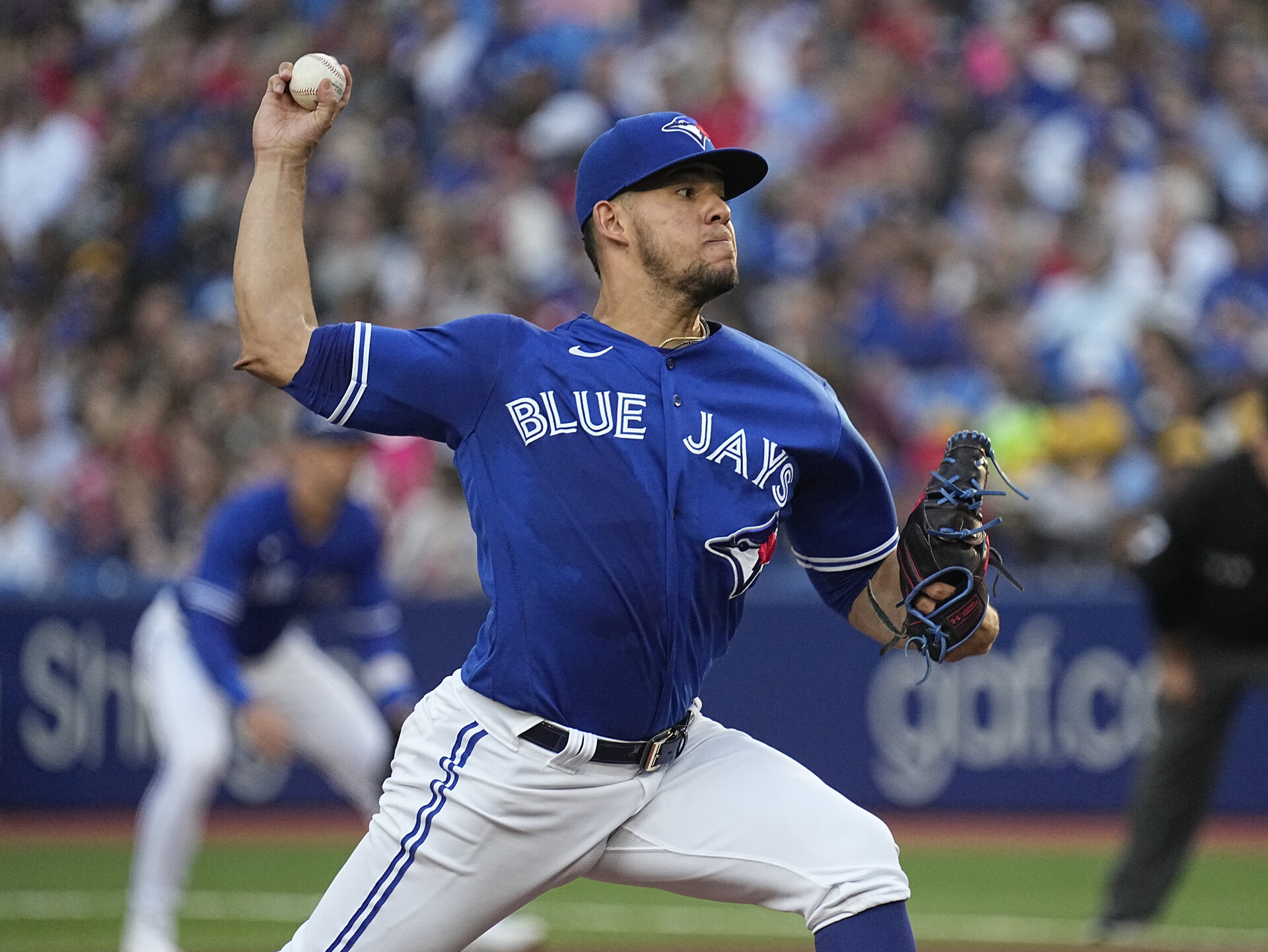Jul 26, 2022; Toronto, Ontario, CAN; Toronto Blue Jays starting pitcher Jose Berrios (17) pitches to the St. Louis Cardinals during the first inning at Rogers Centre.