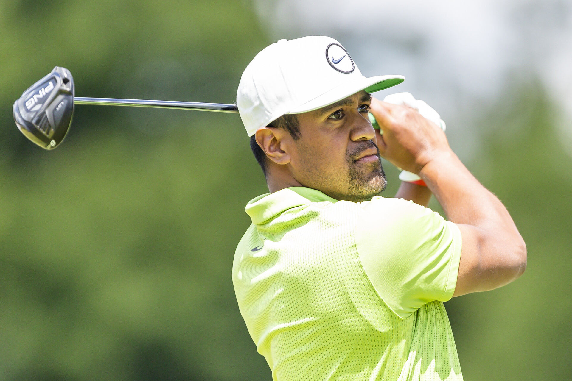 Tony Finau hits his tee shot on the par 4 second hole during the final round of the Rocket Mortgage Classic golf tournament.