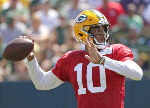 Green Bay Packers quarterback Jordan Love (10) throws a pass during training camp at Ray Nitschke Field.