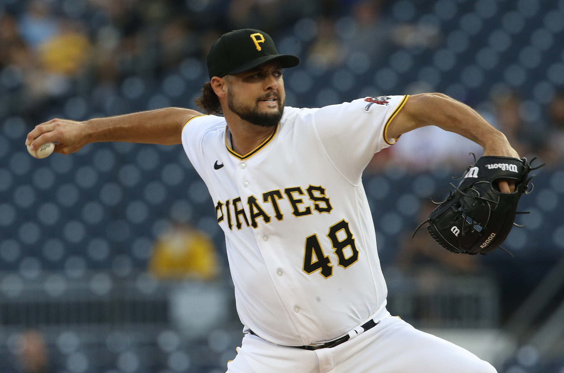 Pittsburgh Pirates starting pitcher Tyler Beede (48) delivers a pitch against the Milwaukee Brewers