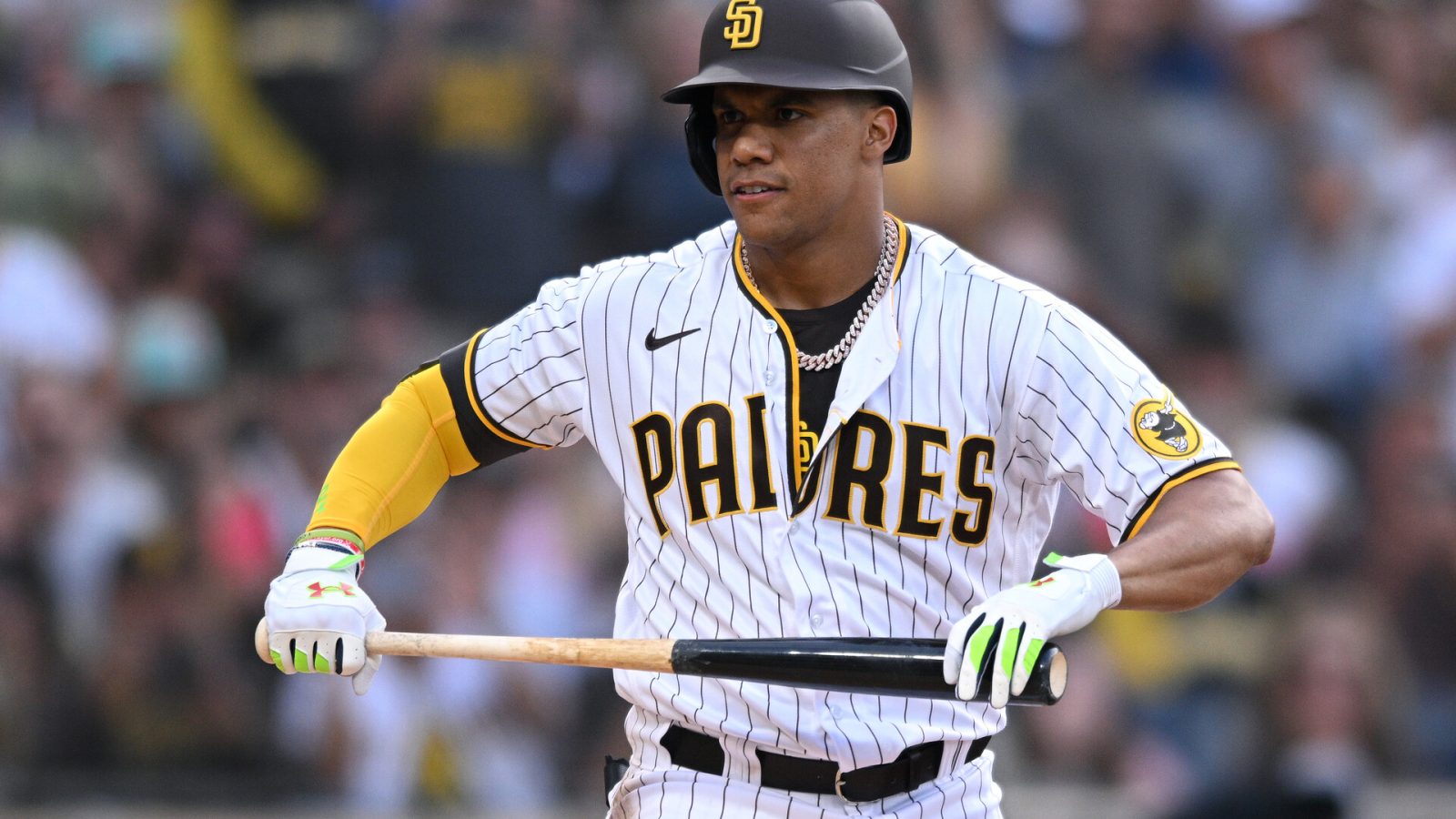 San Diego Padres right fielder Juan Soto (22) looks on after a walk during the first inning against the Colorado Rockies at Petco Park.