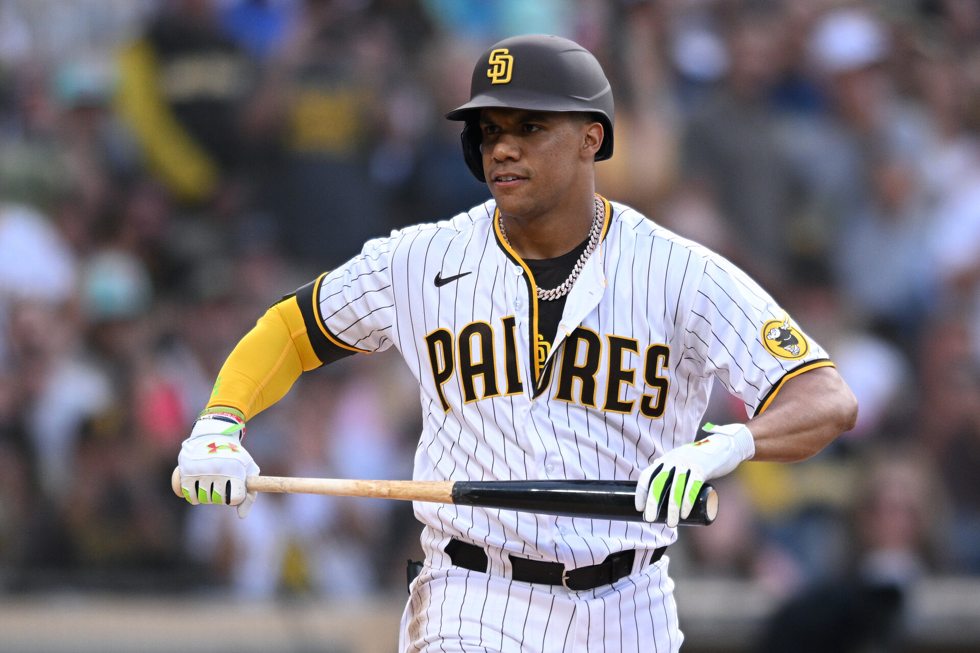 San Diego Padres right fielder Juan Soto (22) looks on after a walk during the first inning against the Colorado Rockies at Petco Park.