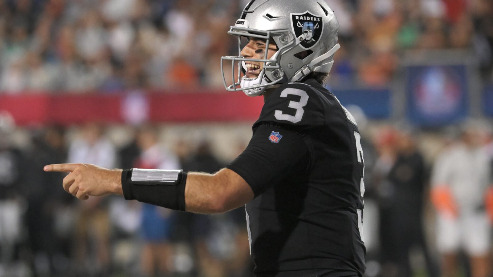 Las Vegas Raiders quarterback Jarrett Stidham (3) celebrates after scoring a touchdown during the second quarter against the Jacksonville Jaguars at Tom Benson Hall of Fame Stadium.