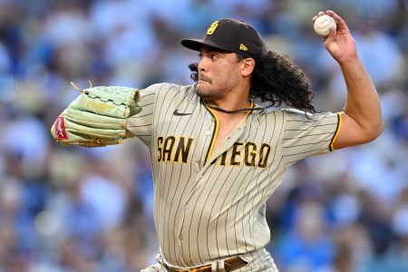 Aug 5, 2022; Los Angeles, California, USA; San Diego Padres starting pitcher Sean Manaea (55) throws to the plate in the first inning against the Los Angeles Dodgers at Dodger Stadium