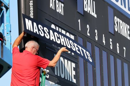 Team Massachusetts (Middleboro 12U Nationals) name is attached to the scoreboard before their game versus Bangor East, Maine at the Bartlett Giamatti Little League Leadership Training Center in Bristol, Connecticut for the New England Regional tournament on Monday, August 8, 2022. Bristol