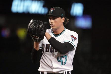Aug 9, 2022; Phoenix, Arizona, USA; Arizona Diamondbacks starting pitcher Tommy Henry (47) pitches against the Pittsburgh Pirates during the first inning at Chase Field.