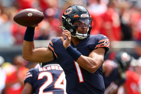 Chicago Bears quarterback Justin Fields (1) drops back to pass against the Kansas City Chiefs during the first quarter at Soldier Field.