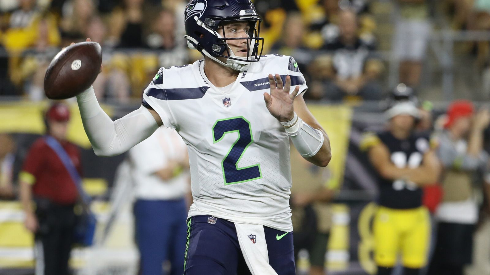 Seattle Seahawks quarterback Drew Lock (2) passes the ball against the Pittsburgh Steelers during the fourth quarter at Acrisure Stadium. The Steelers won 32-25.