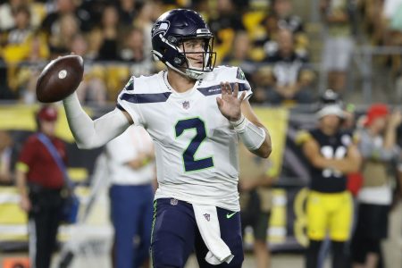 Seattle Seahawks quarterback Drew Lock (2) passes the ball against the Pittsburgh Steelers during the fourth quarter at Acrisure Stadium. The Steelers won 32-25.