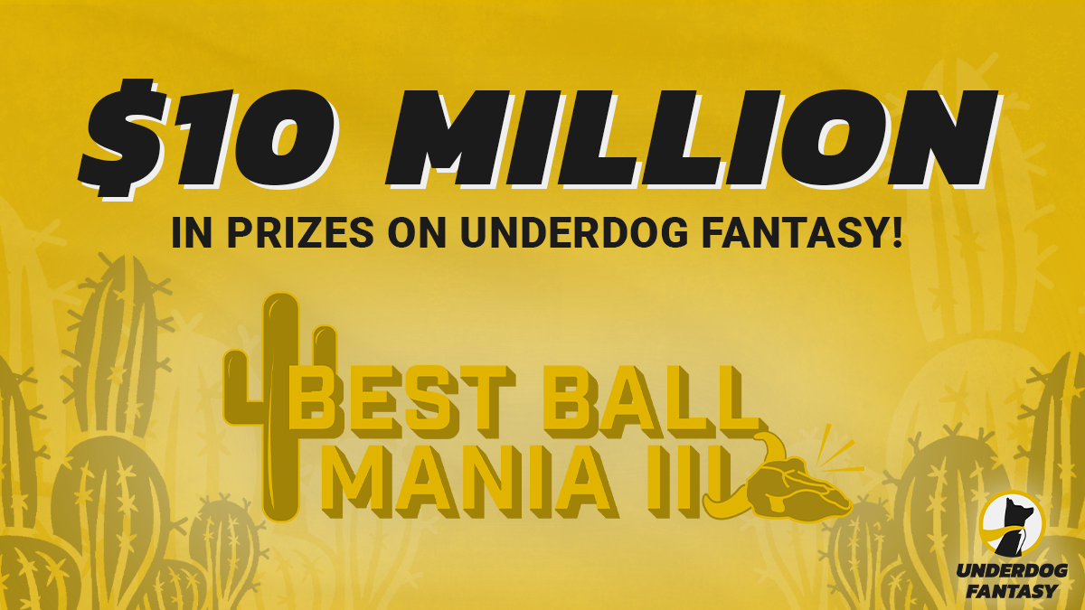 A banner promoting Underdog Fantasy Best Ball Mania III tournament.