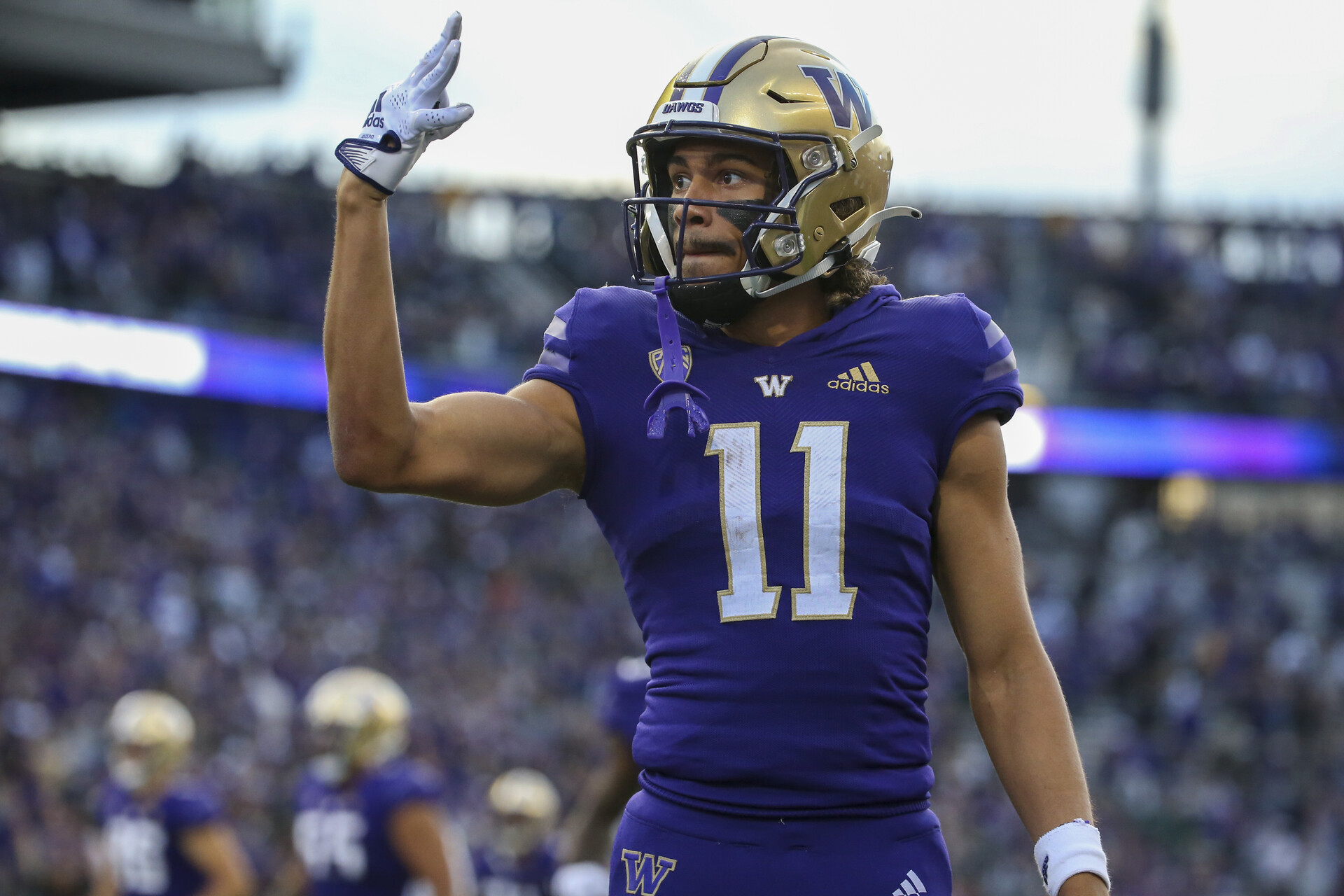 Washington Huskies wide receiver Jalen McMillan (11) celebrates Washington Huskies wide receiver Ja'Lynn Polk (2) touchdown during a college football game between the Michigan State Spartans and the Washington Huskies on September 17, 2022, at Husky Stadium in Seattle, WA.