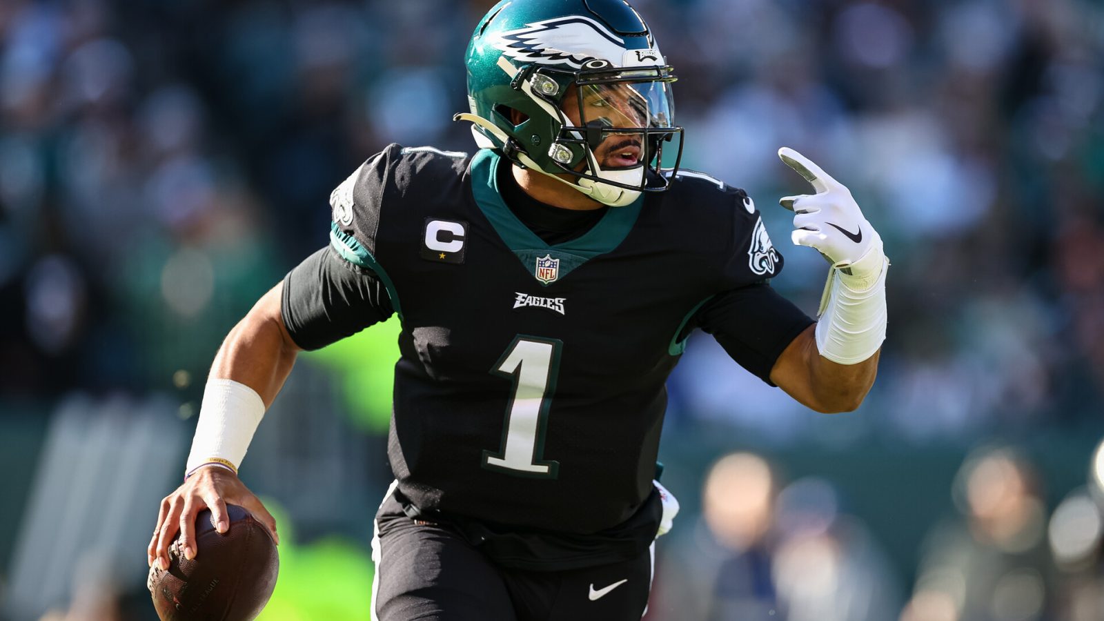 Jalen Hurts #1 of the Philadelphia Eagles in action against the New York Giants during the first half at Lincoln Financial Field on December 26, 2021 in Philadelphia, Pennsylvania.