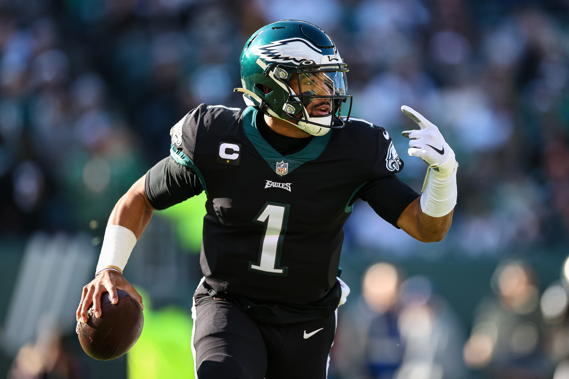 Jalen Hurts #1 of the Philadelphia Eagles in action against the New York Giants during the first half at Lincoln Financial Field on December 26, 2021 in Philadelphia, Pennsylvania.