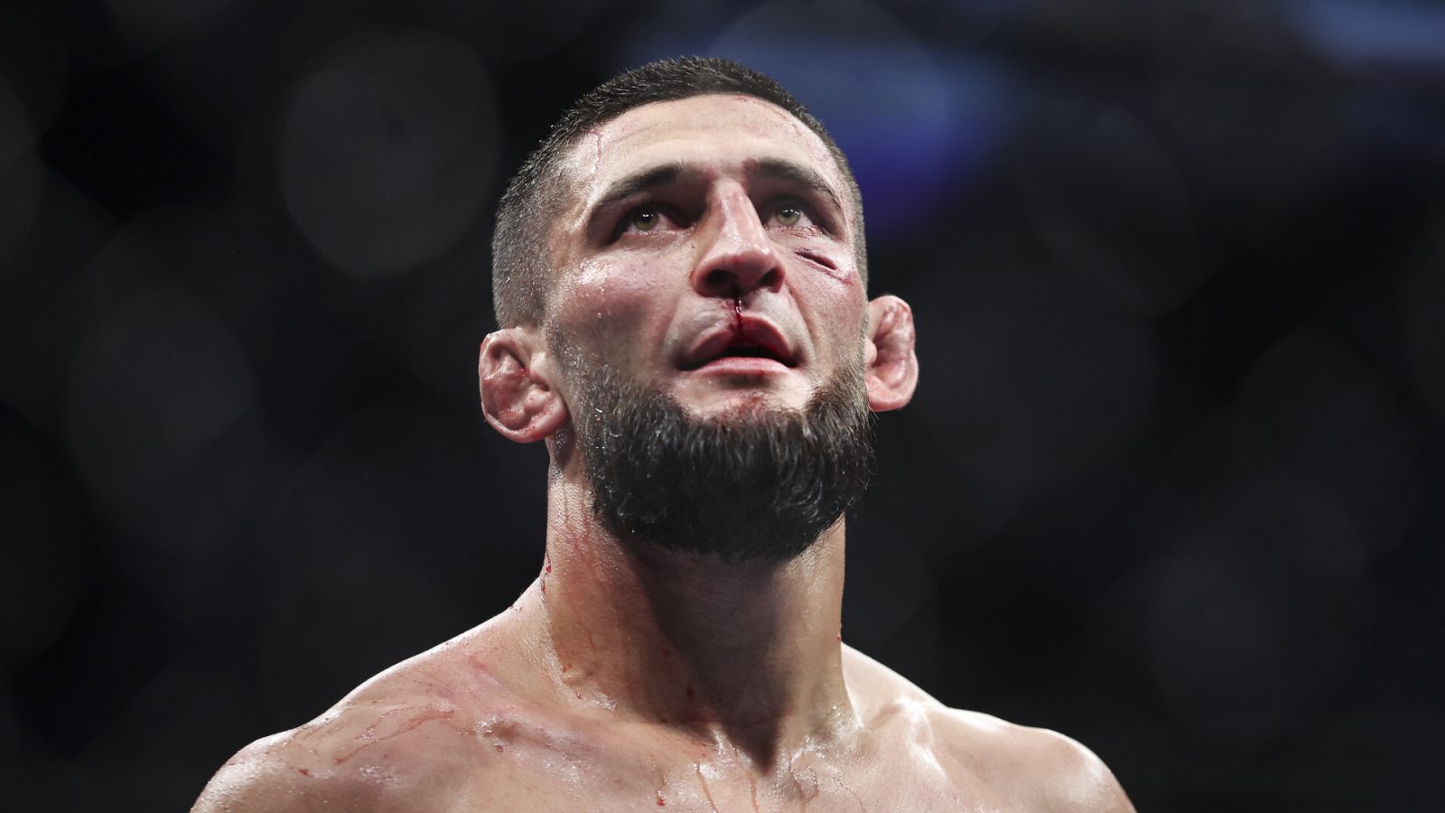 Khamzat Chimaev of Russia looks on after his welterweight fight against Gilbert Burns of Brazil during the UFC 273 event at VyStar Veterans Memorial Arena on April 09, 2022 in Jacksonville, Florida.
