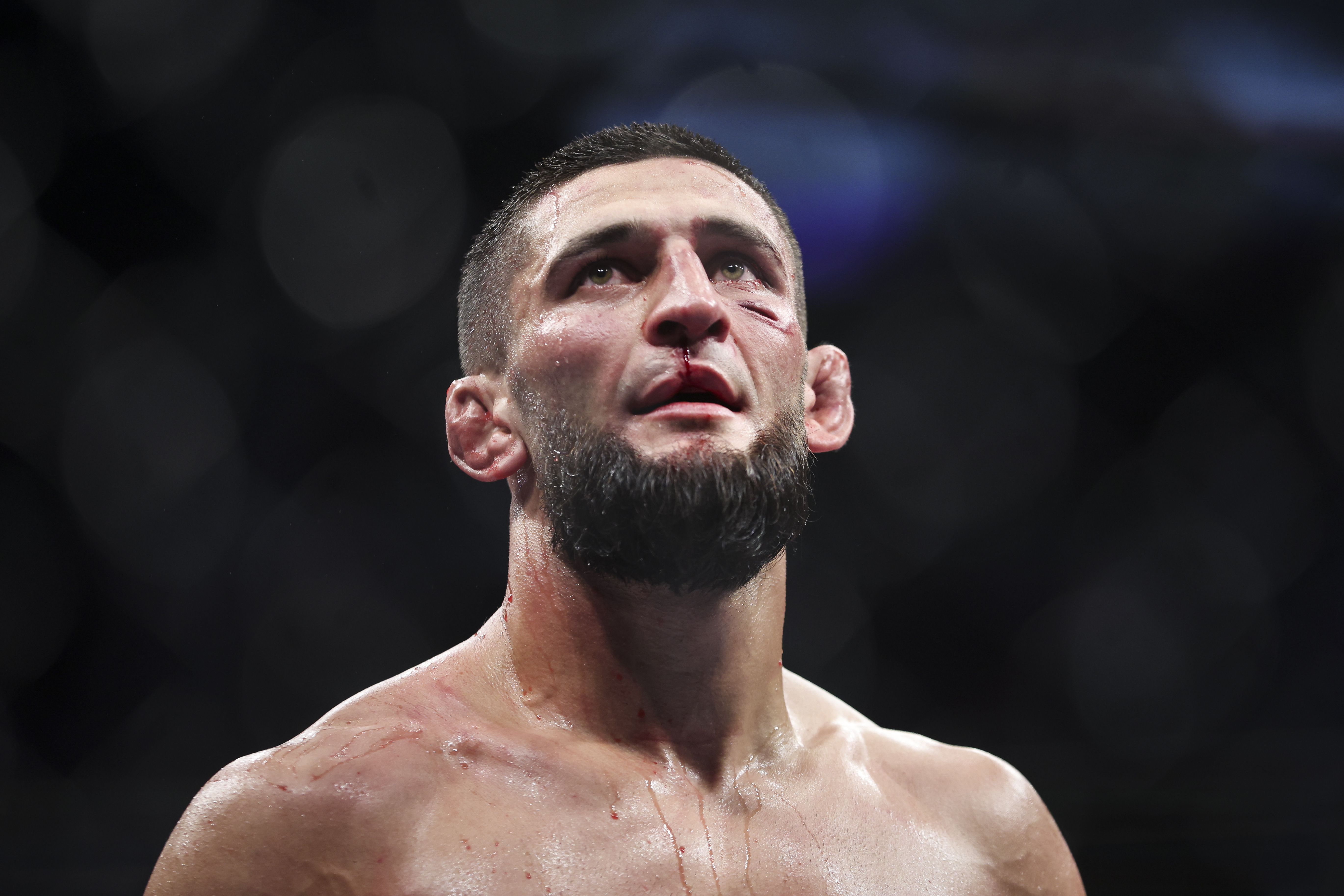 Khamzat Chimaev of Russia looks on after his welterweight fight against Gilbert Burns of Brazil during the UFC 273 event at VyStar Veterans Memorial Arena on April 09, 2022 in Jacksonville, Florida.