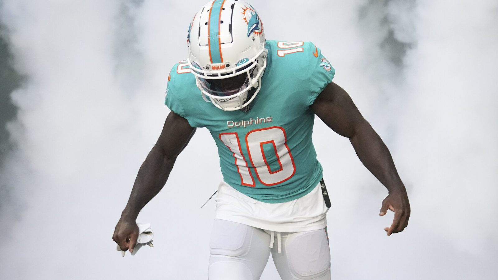 Tyreek Hill #10 of the Miami Dolphins takes the field prior to the preseason game against the Philadelphia Eagles at Hard Rock Stadium on August 27, 2022 in Miami Gardens, Florida.