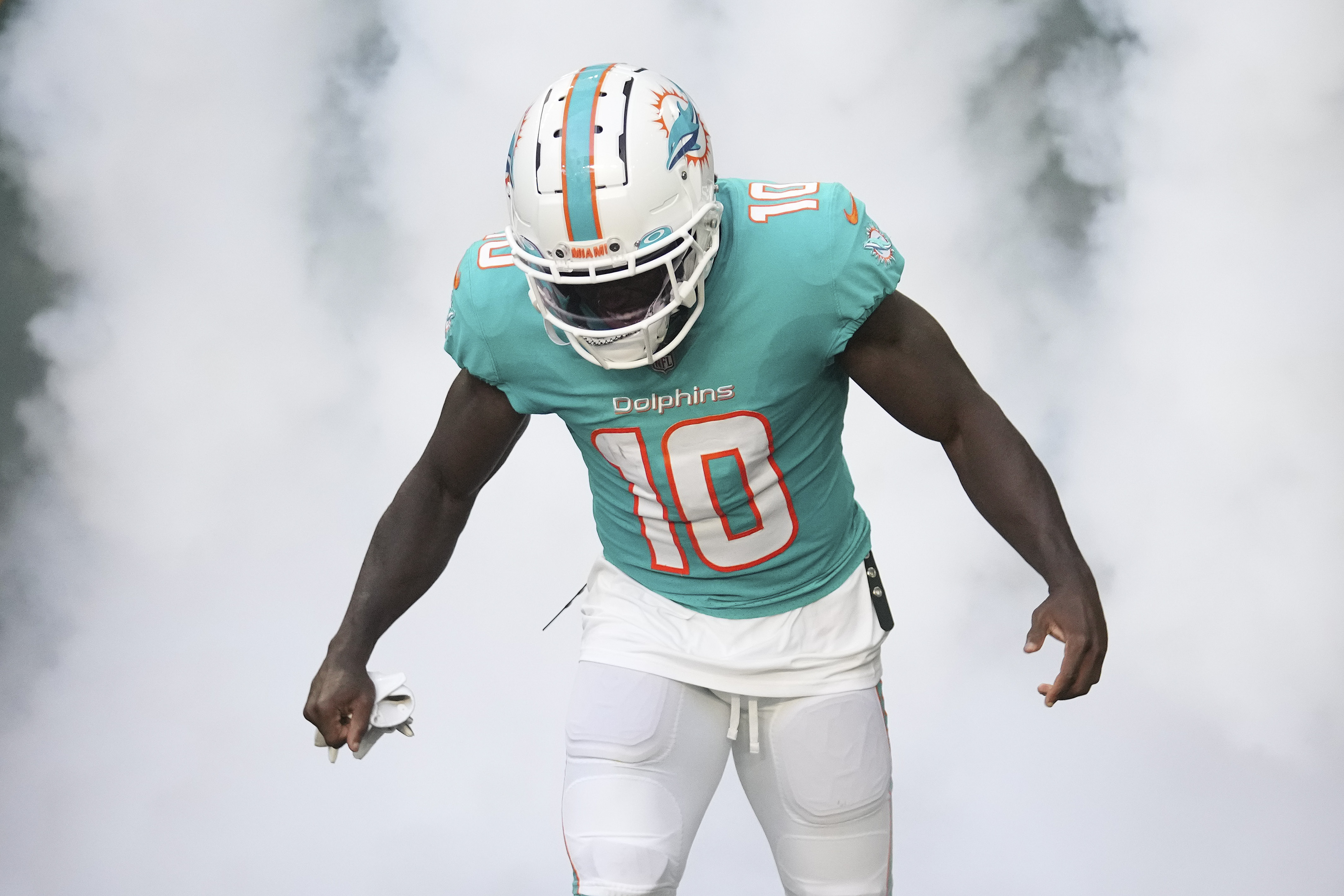 Tyreek Hill #10 of the Miami Dolphins takes the field prior to the preseason game against the Philadelphia Eagles at Hard Rock Stadium on August 27, 2022 in Miami Gardens, Florida.