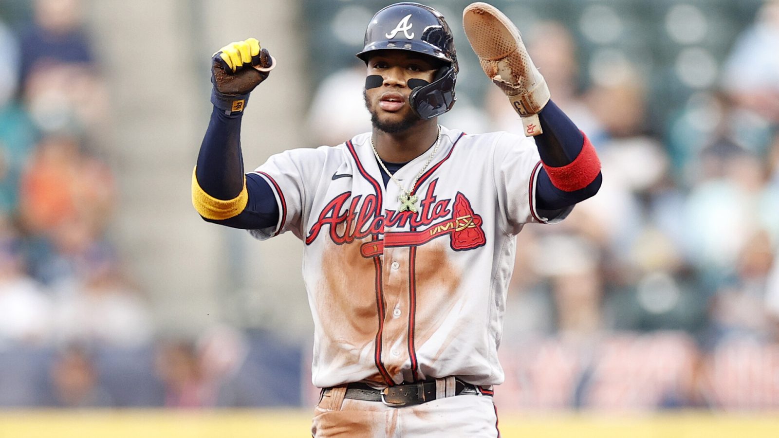 Ronald Acuna Jr. #13 of the Atlanta Braves reacts after stealing second base during the first inning against the Seattle Mariners at T-Mobile Park on September 09, 2022 in Seattle, Washington.