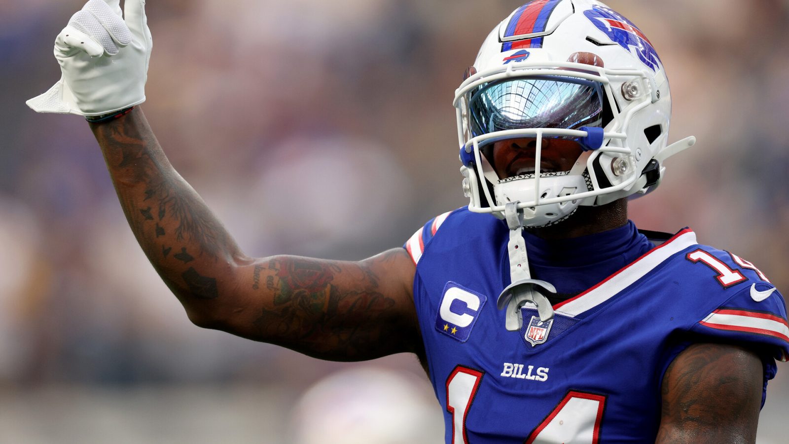 Stefon Diggs #14 of the Buffalo Bills motions during warm up before the game against the Los Angeles Rams in the 2022 NFL season opening game at SoFi Stadium on September 08, 2022 in Inglewood, California.