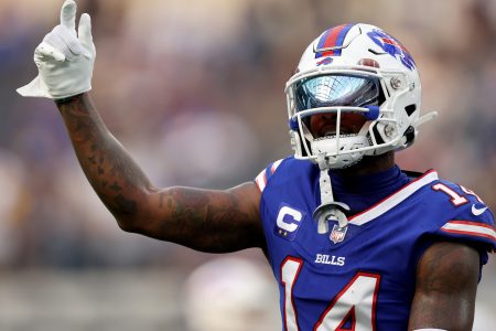 Stefon Diggs #14 of the Buffalo Bills motions during warm up before the game against the Los Angeles Rams in the 2022 NFL season opening game at SoFi Stadium on September 08, 2022 in Inglewood, California.