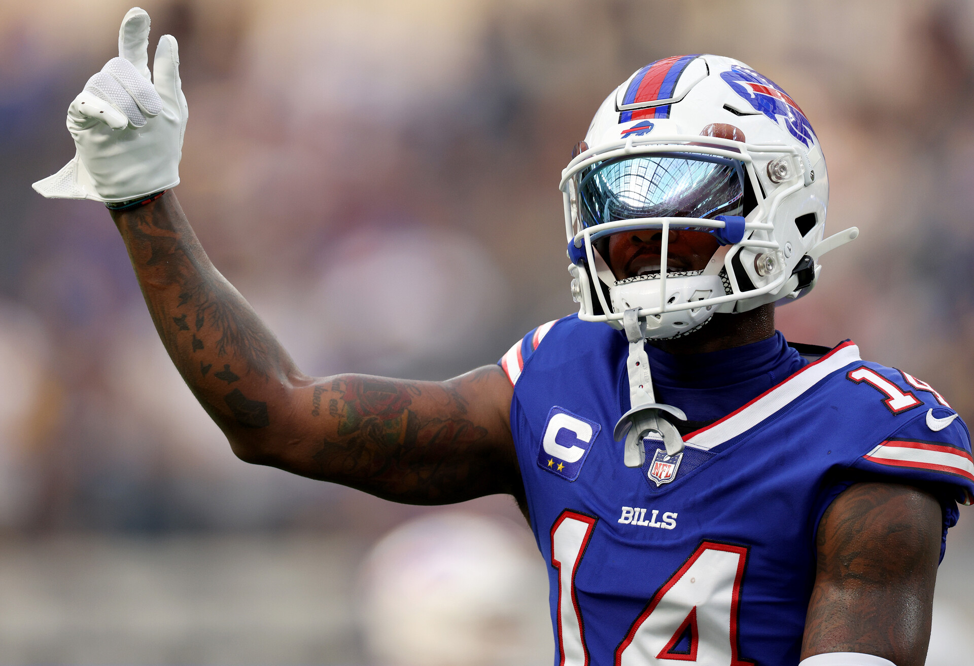 Stefon Diggs #14 of the Buffalo Bills motions during warm up before the game against the Los Angeles Rams in the 2022 NFL season opening game at SoFi Stadium on September 08, 2022 in Inglewood, California.