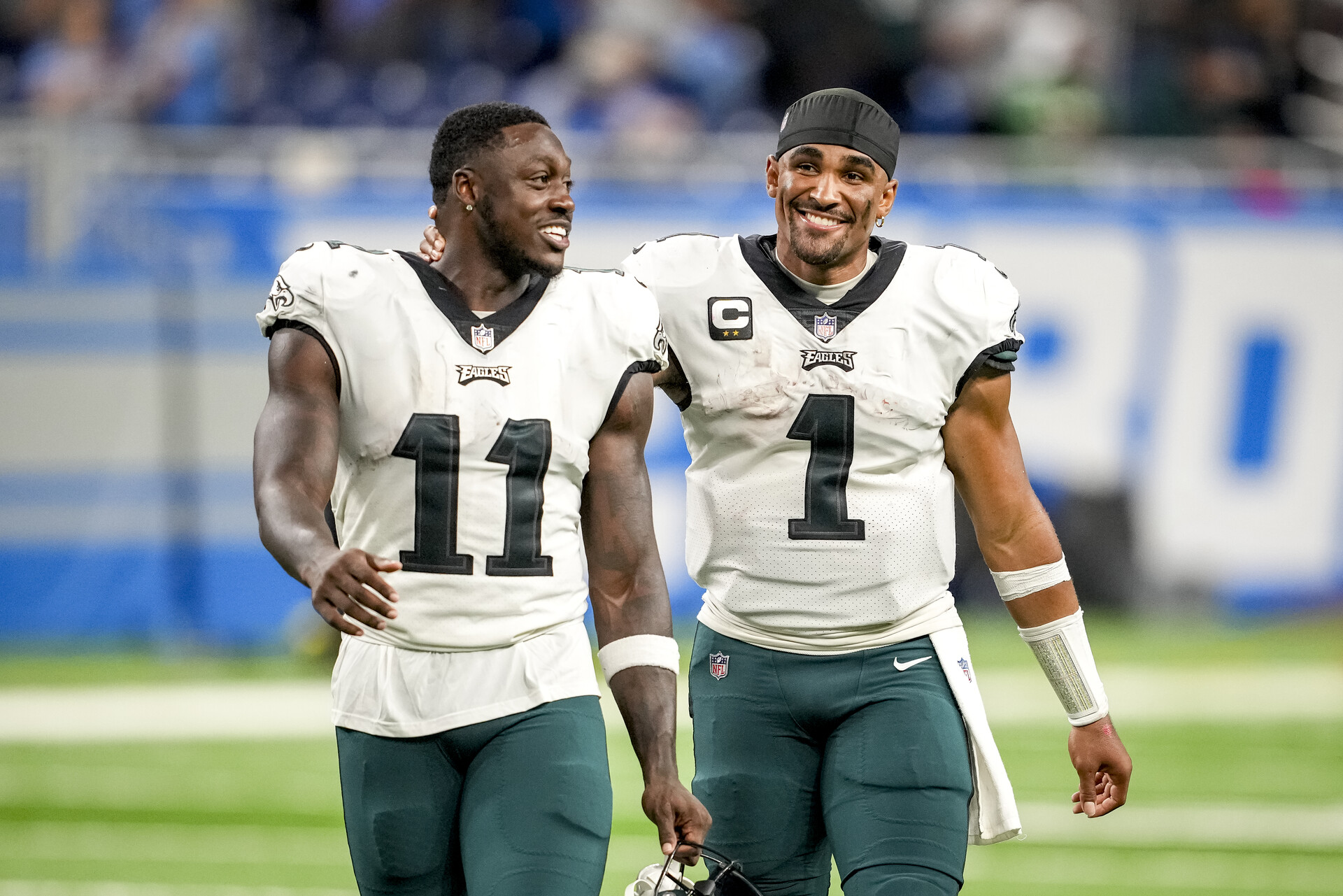 A.J. Brown #11 of the Philadelphia Eagles and Jalen Hurts #1 of the Philadelphia Eagles talk after the game against the Detroit Lions at Ford Field on September 11, 2022 in Detroit, Michigan