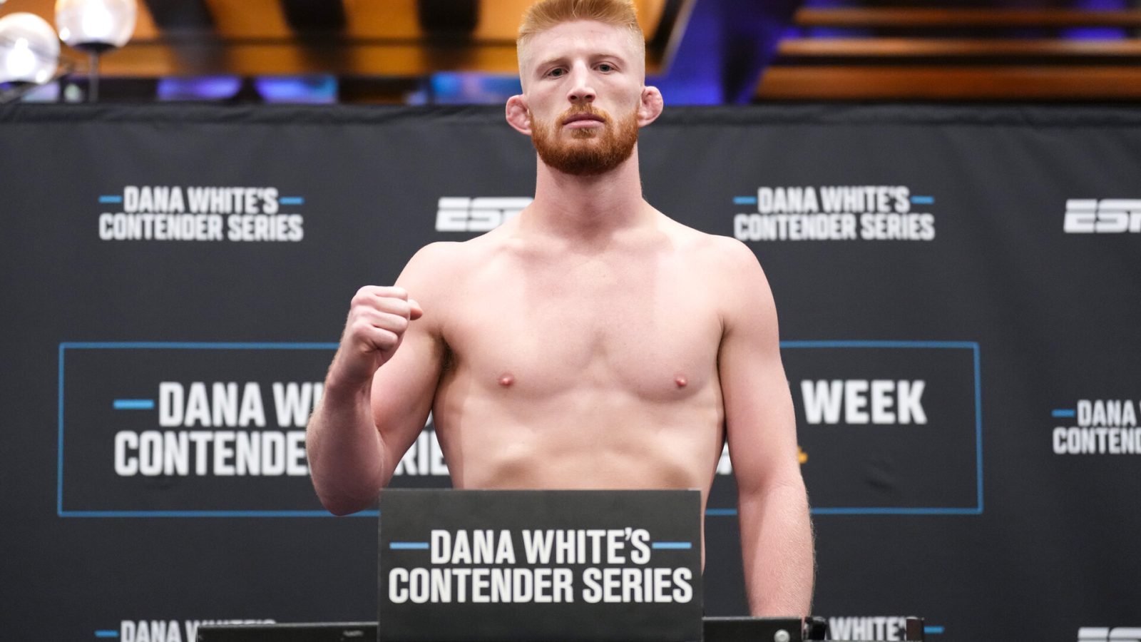 Bo Nickal poses on the scale during Dana White's Contender series season six, week ten weigh-in at Palace Station on September 26, 2022 in Las Vegas, Nevada.