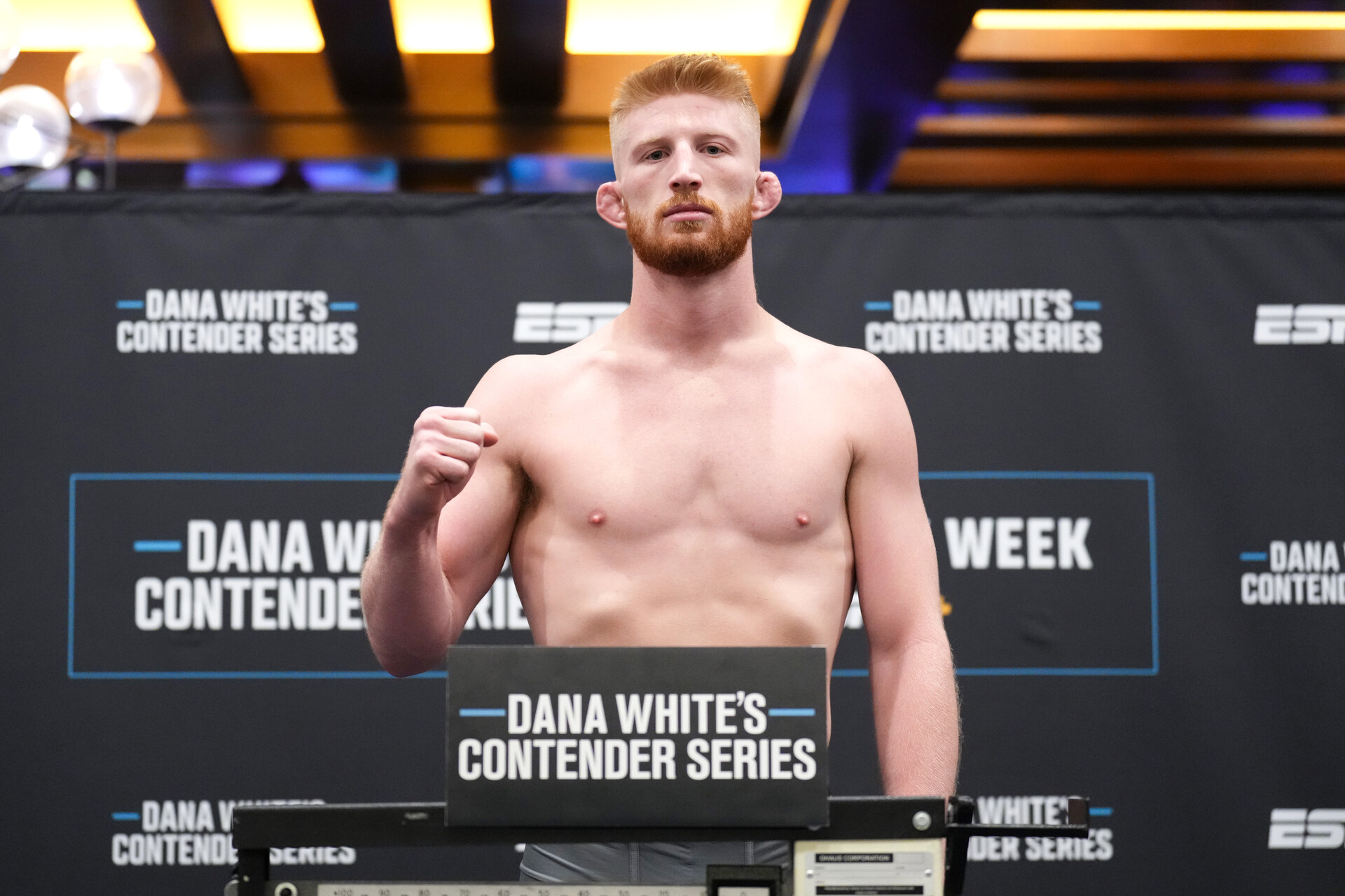 Bo Nickal poses on the scale during Dana White's Contender series season six, week ten weigh-in at Palace Station on September 26, 2022 in Las Vegas, Nevada.