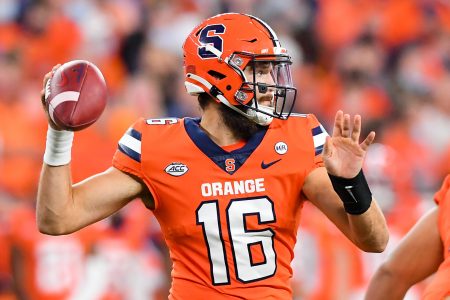 Syracuse Orange quarterback Garrett Shrader (16) passes the ball against the Clemson Tigers during the first half at the Carrier Dome