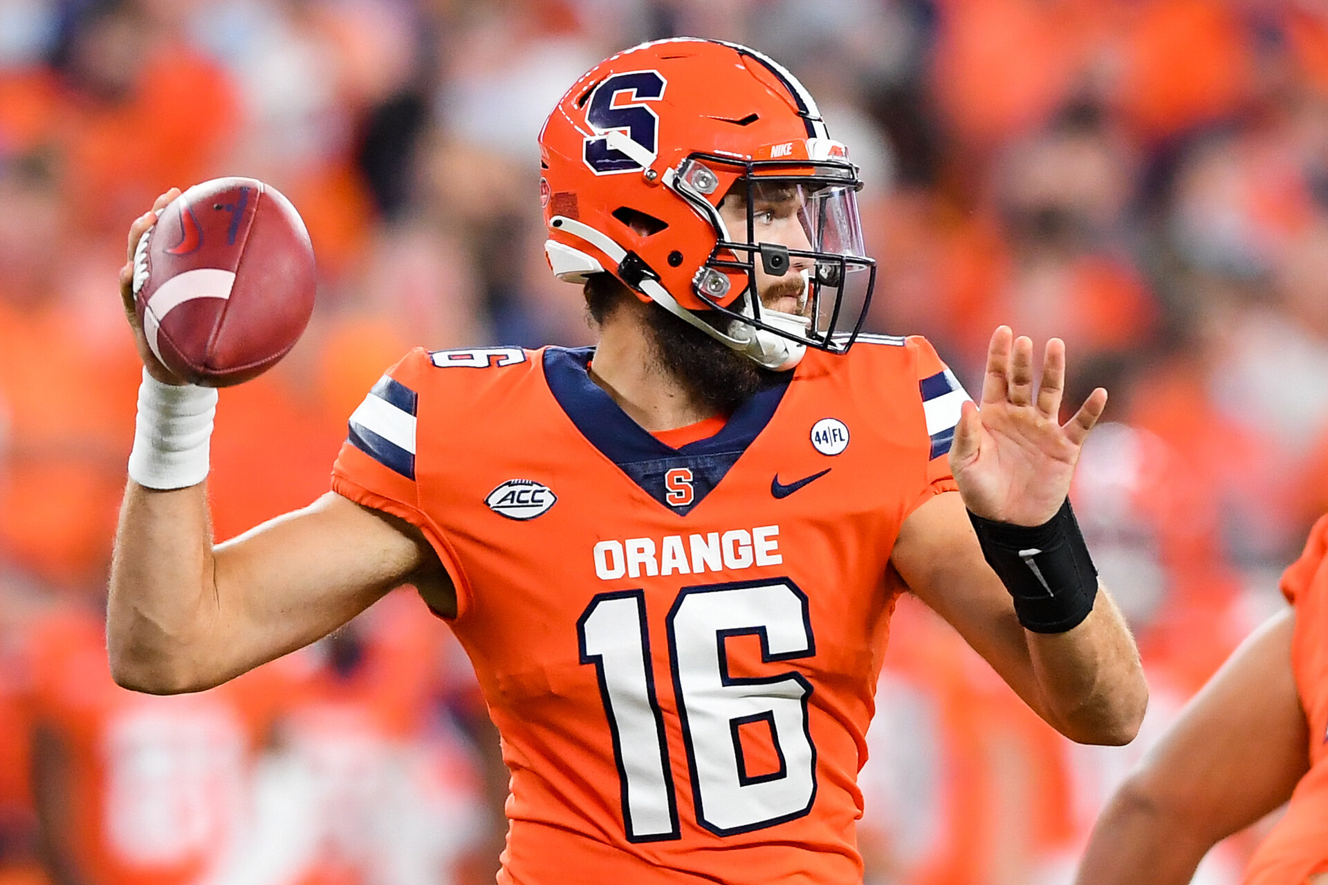 Syracuse Orange quarterback Garrett Shrader (16) passes the ball against the Clemson Tigers during the first half at the Carrier Dome