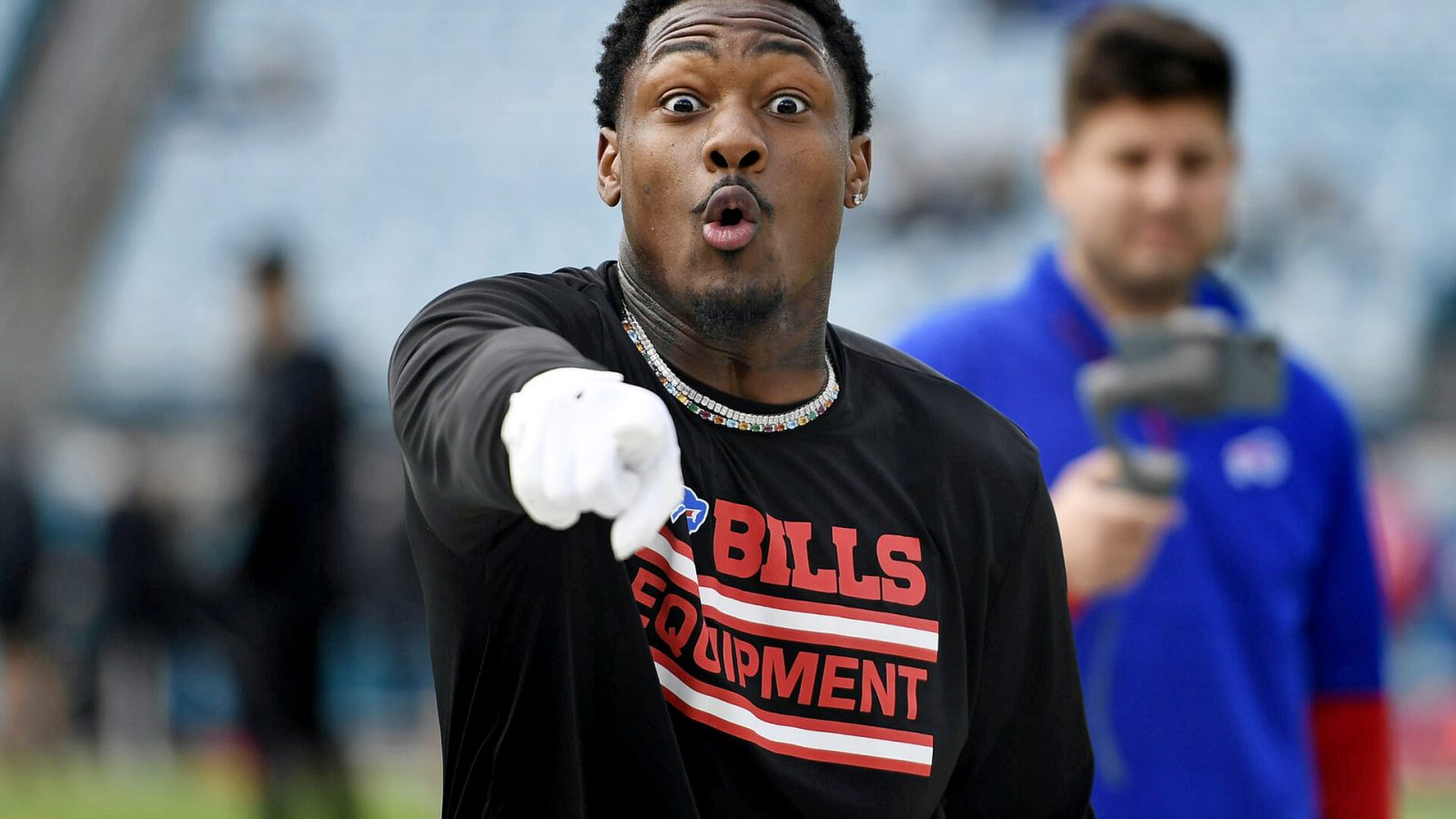 Buffalo Bills wide receiver Stefon Diggs (14) jokes around with the media before the start of the game against the Jacksonville Jaguars at TIAA Bank Field.