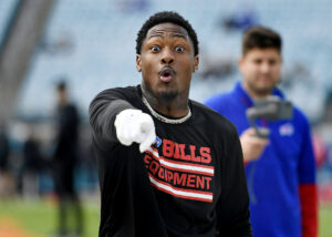 Buffalo Bills wide receiver Stefon Diggs (14) jokes around with the media before the start of the game against the Jacksonville Jaguars at TIAA Bank Field.