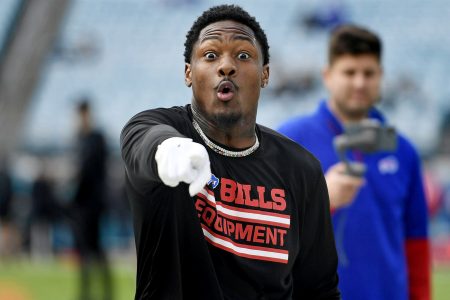 Buffalo Bills wide receiver Stefon Diggs (14) jokes around with the media before the start of the game against the Jacksonville Jaguars at TIAA Bank Field.