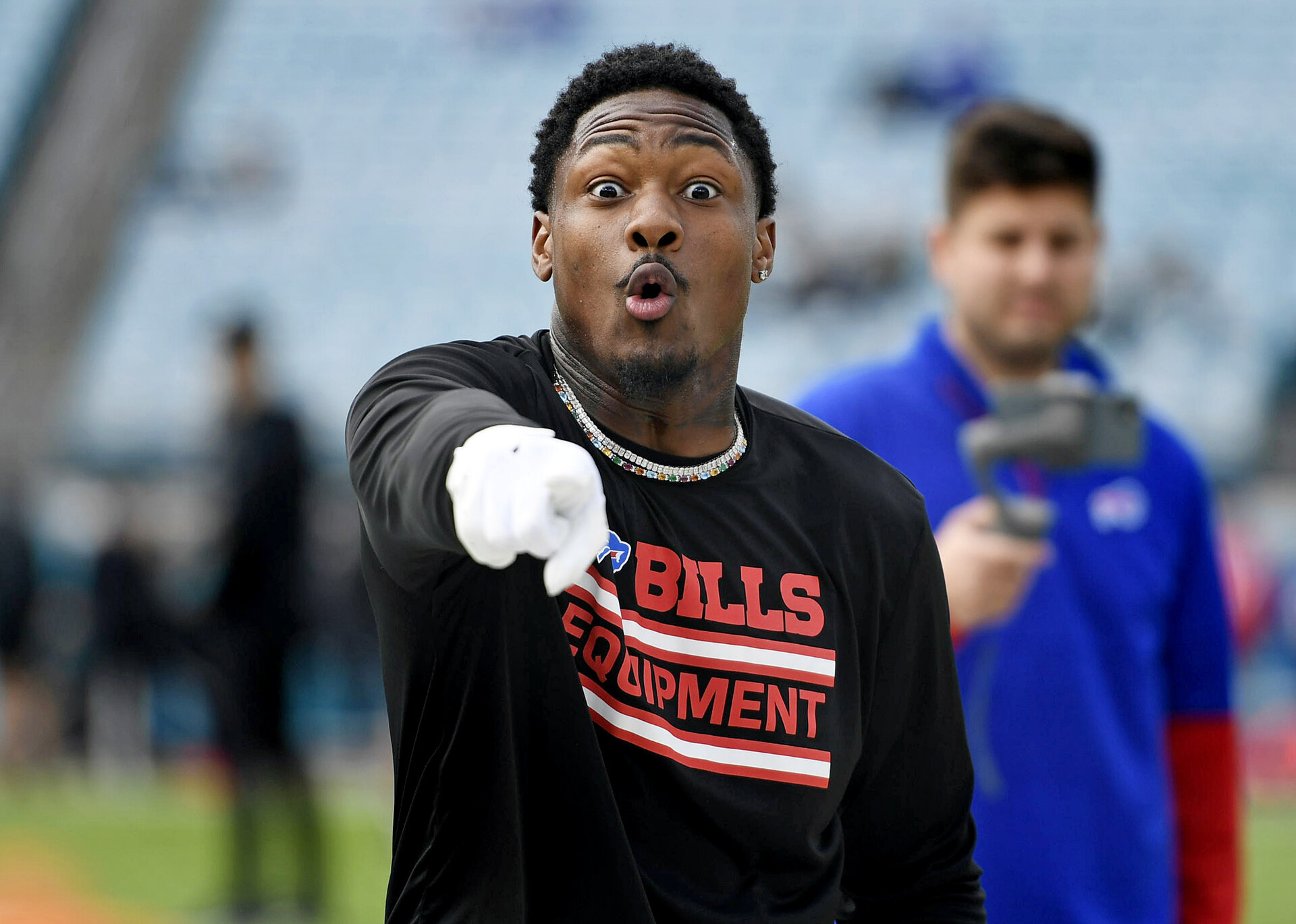 Buffalo Bills wide receiver Stefon Diggs (14) jokes around with the media before the start of the game against the Jacksonville Jaguars at TIAA Bank Field.