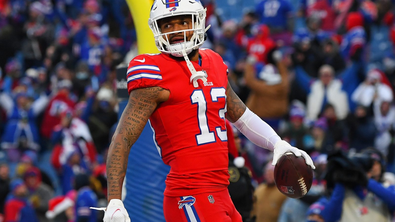 Buffalo Bills wide receiver Gabriel Davis (13) reacts to his touchdown against the Carolina Panthers during the second half at Highmark Stadium.
