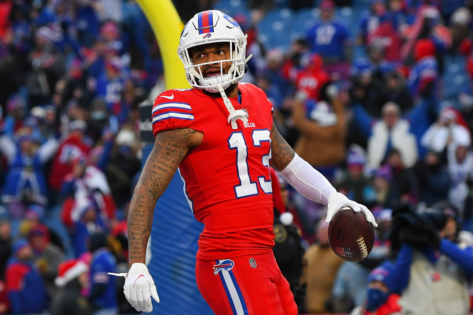 Buffalo Bills wide receiver Gabriel Davis (13) reacts to his touchdown against the Carolina Panthers during the second half at Highmark Stadium.