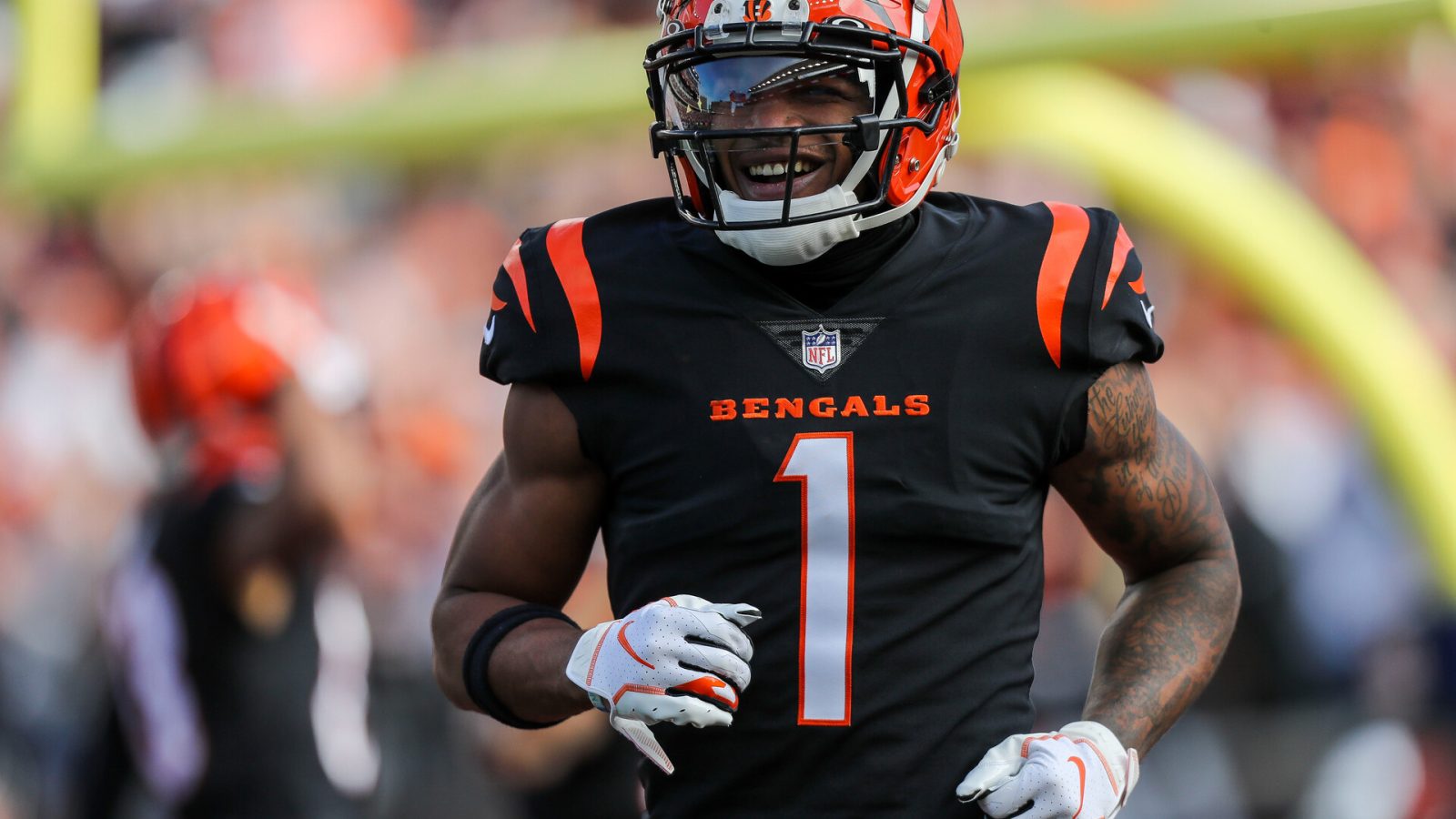 Cincinnati Bengals wide receiver Ja'Marr Chase (1) reacts after a play in the first half against the Baltimore Ravens at Paul Brown Stadium.