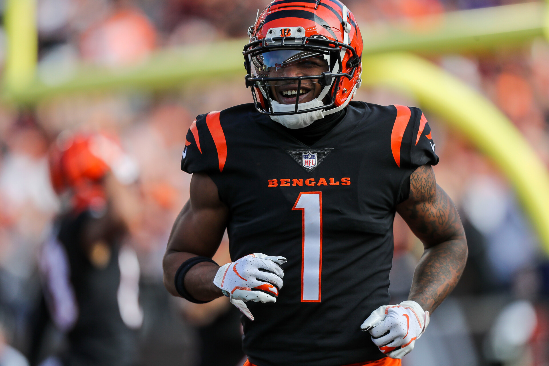 Cincinnati Bengals wide receiver Ja'Marr Chase (1) reacts after a play in the first half against the Baltimore Ravens at Paul Brown Stadium.